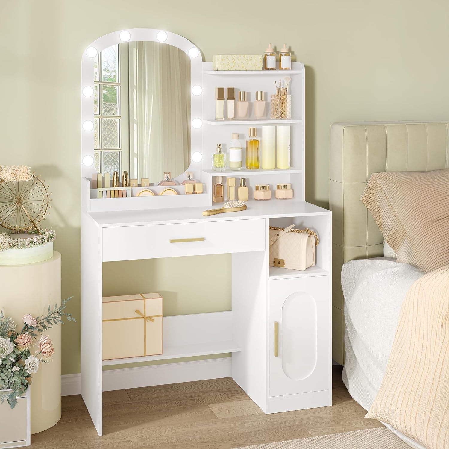Coiffeuse avec Miroir Ovale, Coiffeuse avec Miroir LED, Luminosité Réglable, Table de Maquillage avec Tiroir, Armoire et Étagères Ouverts, Blanc - 7