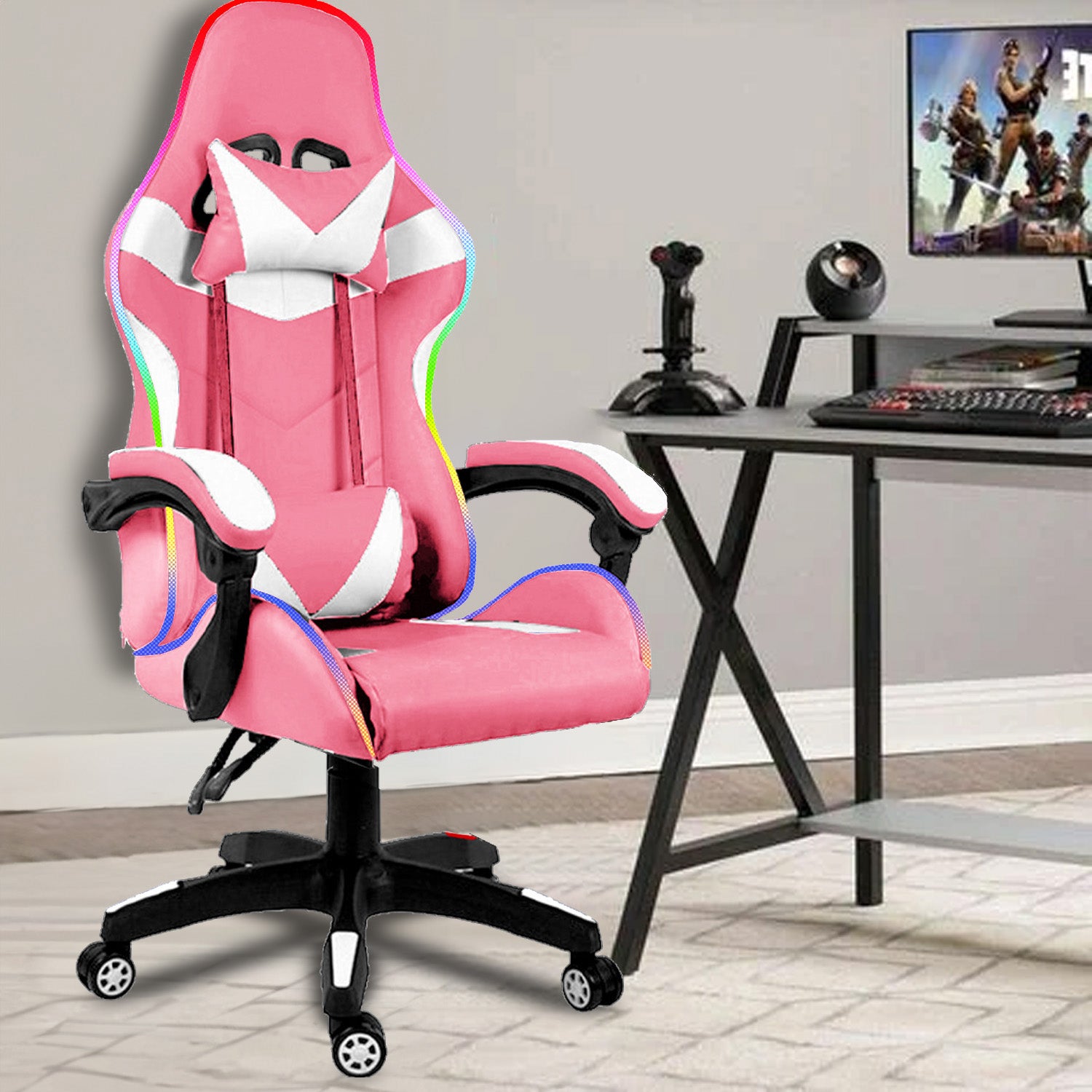 Sedia Da Gioco HOFFREE Con Altoparlanti Bluetooth E Massaggio Lombare – Poggiapiedi Reclinabile Rosa/Nero
