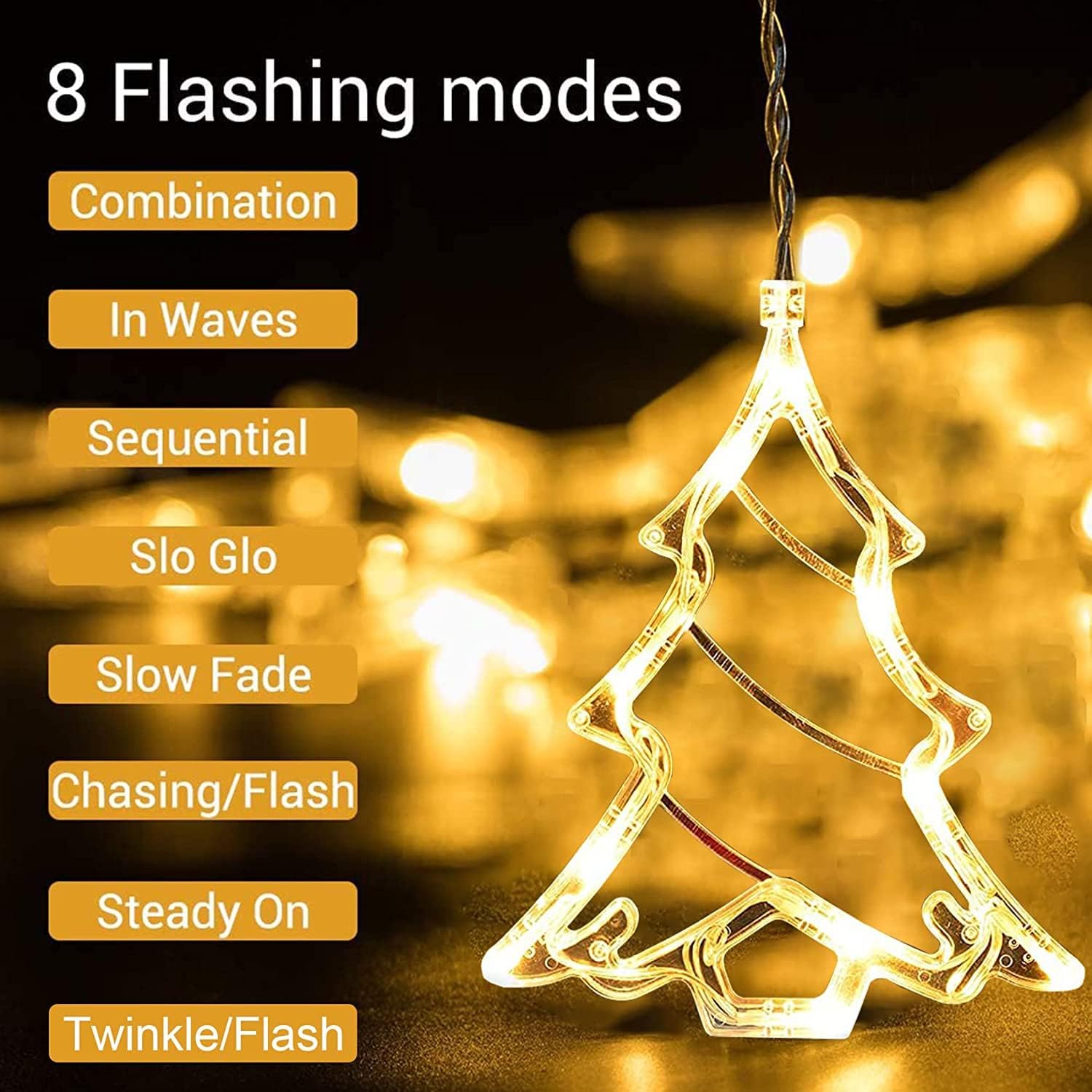 Rideau lumineux de Noël, guirlande lumineuse de Noël, renne, arbre étoilé, intérieur et extérieur, 8 modes USB, décoration de Noël - 3