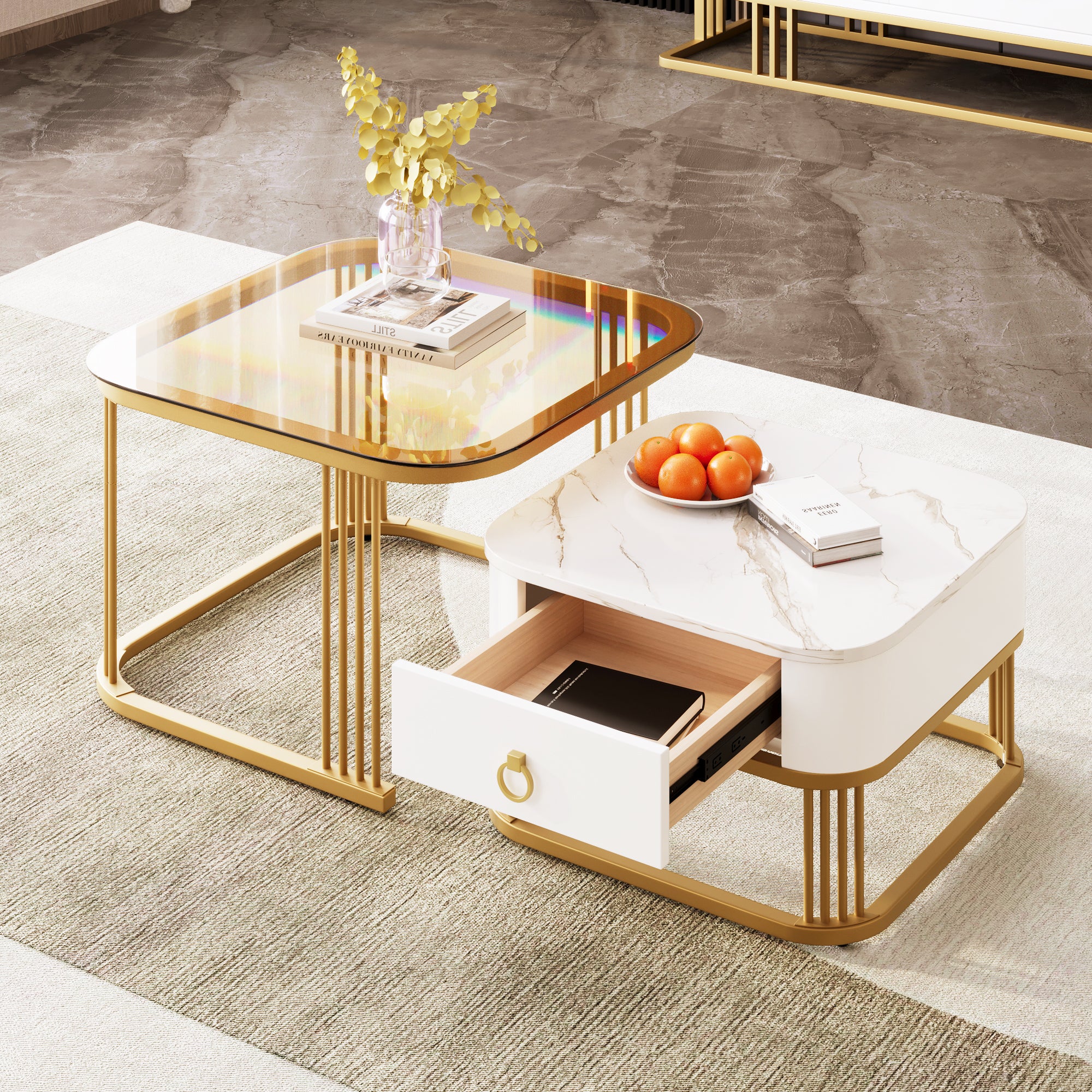 Lot De 2 Tables Basses Gigognes Rondes GrandCA HOME - Cadre Métal Doré, Plateau Verre Transparent 60x60/40x40 Cm