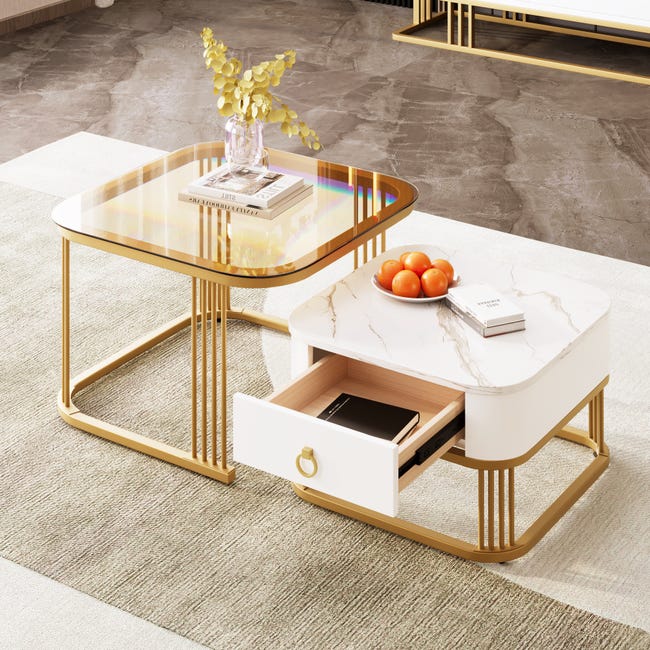 Lot De 2 Tables Basses Gigognes Rondes GrandCA HOME - Cadre Métal Doré, Plateau Verre Transparent 60x60/40x40 Cm