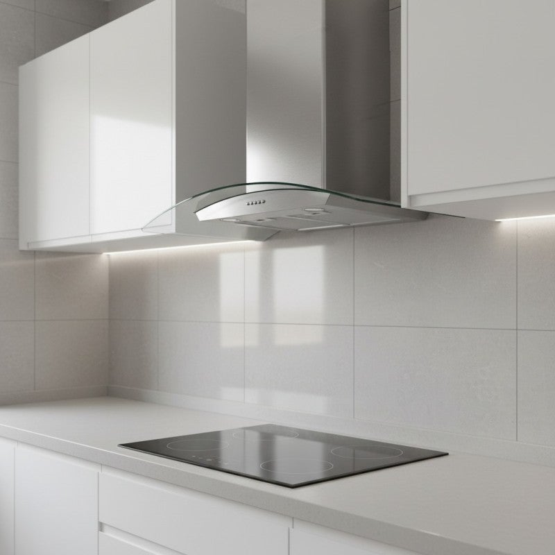 HOTTE DECORATIVE MURALE 90 CM - VERRE ET INOX - 559 m3 - 200W - 60dB - 8