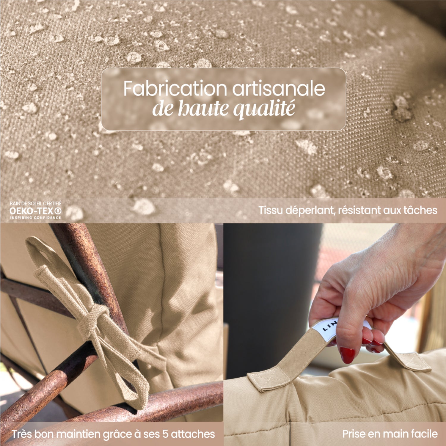 Coussin matelassé pour bain de soleil, transat - 185 x 60 cm - Beige - Linxor - 3