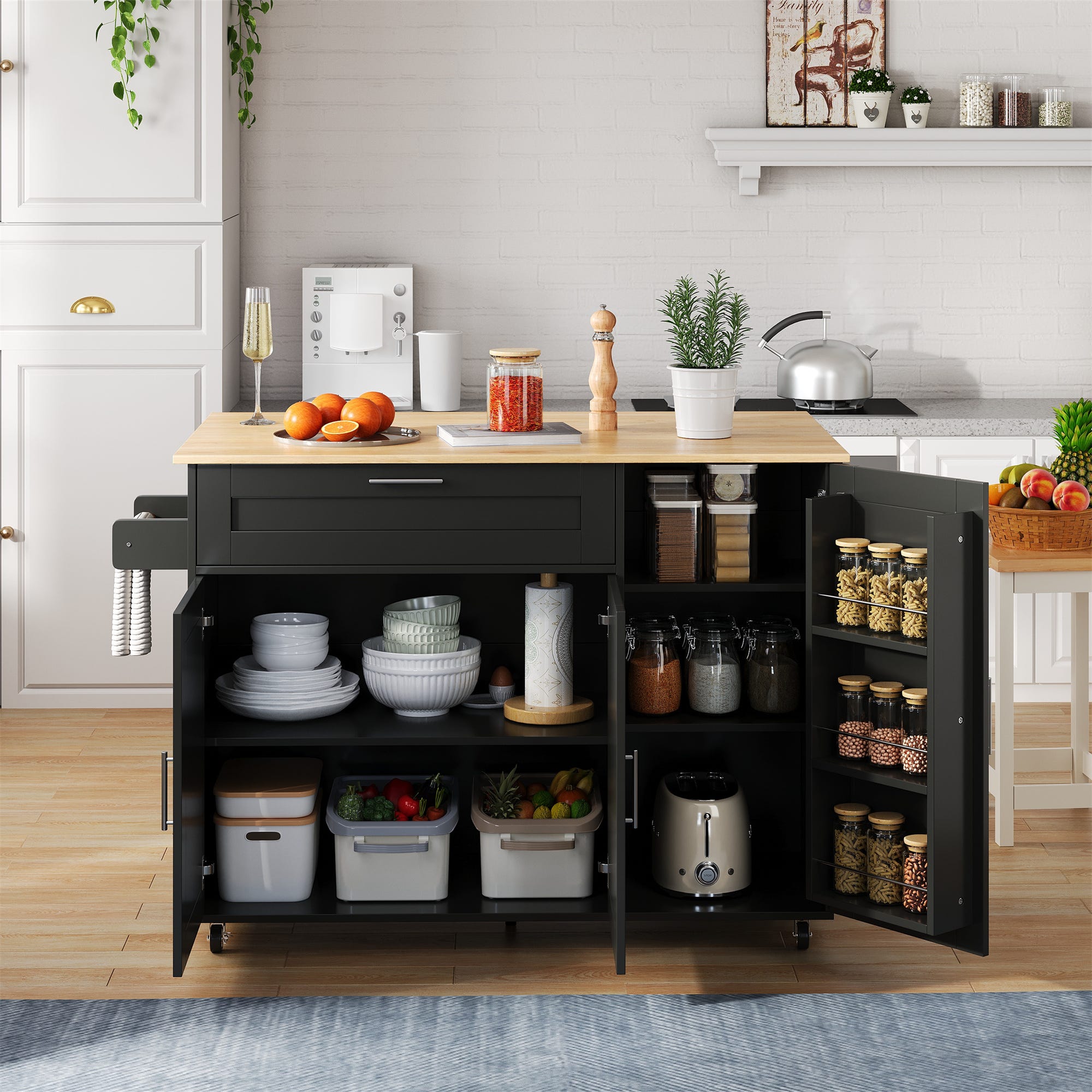 Ilot central de cuisine - avec comptoir pliant - multiples rangements ...