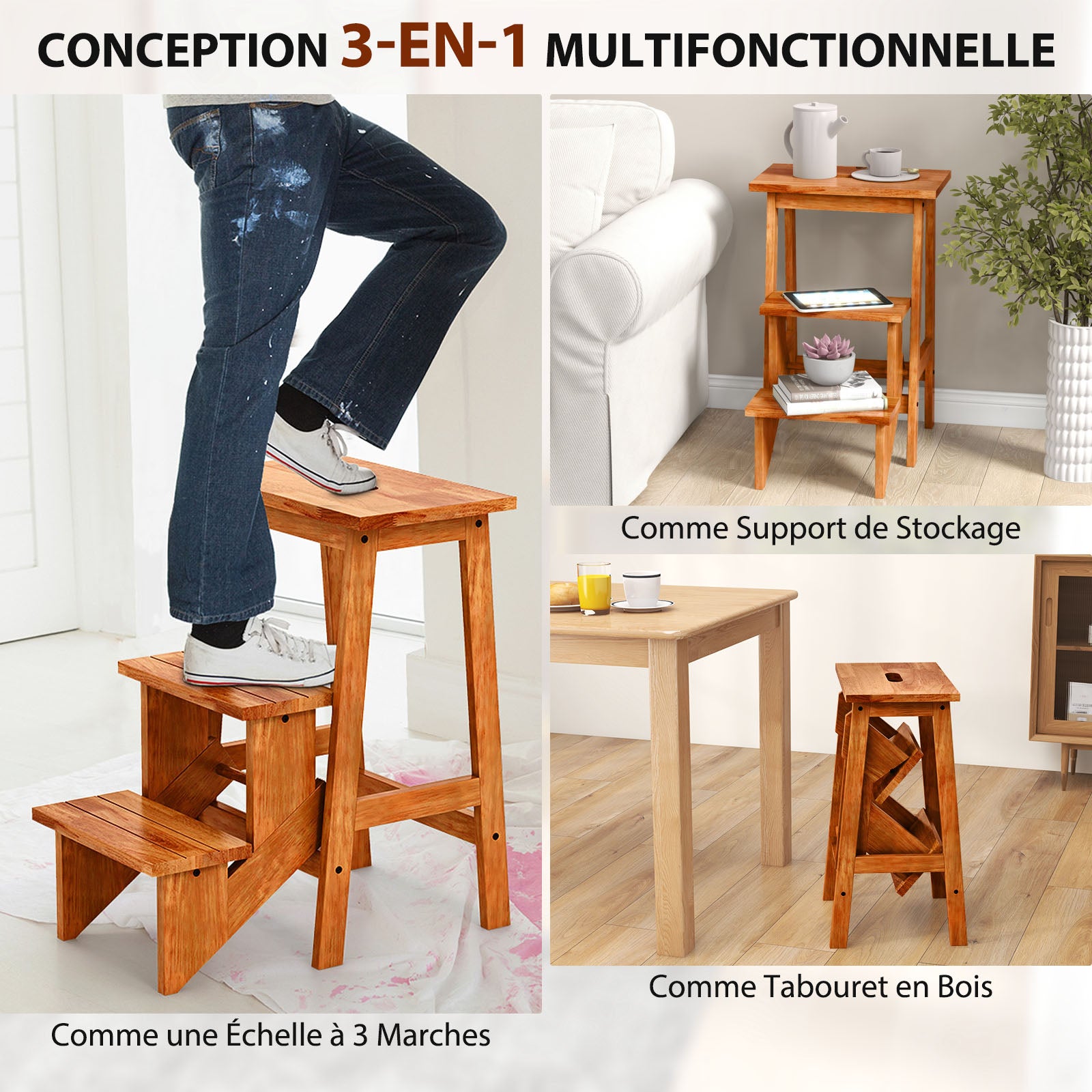Escabeau à 3 Marches Pliable, Marche Pied en Bois d'Hévéa, 3 en 1 Tabouret Pliante avec Poignée, Patins Antidérapant,Charge 270 kg, Chêne Foncé - 5