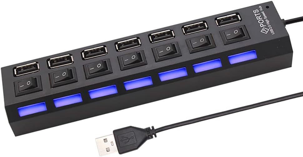 Wieloportowy hub USB 2.0 z zasilaczem, hub USB 2.0 4/7 portów z przełącznikiem do komputera PC (7 portów - czarny)