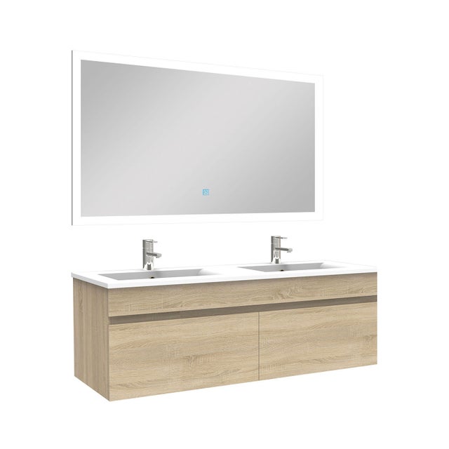 Ensemble Salle De Bain double vasque 120cm meuble Chêne Wotan avec miroir lumineux, Ocean