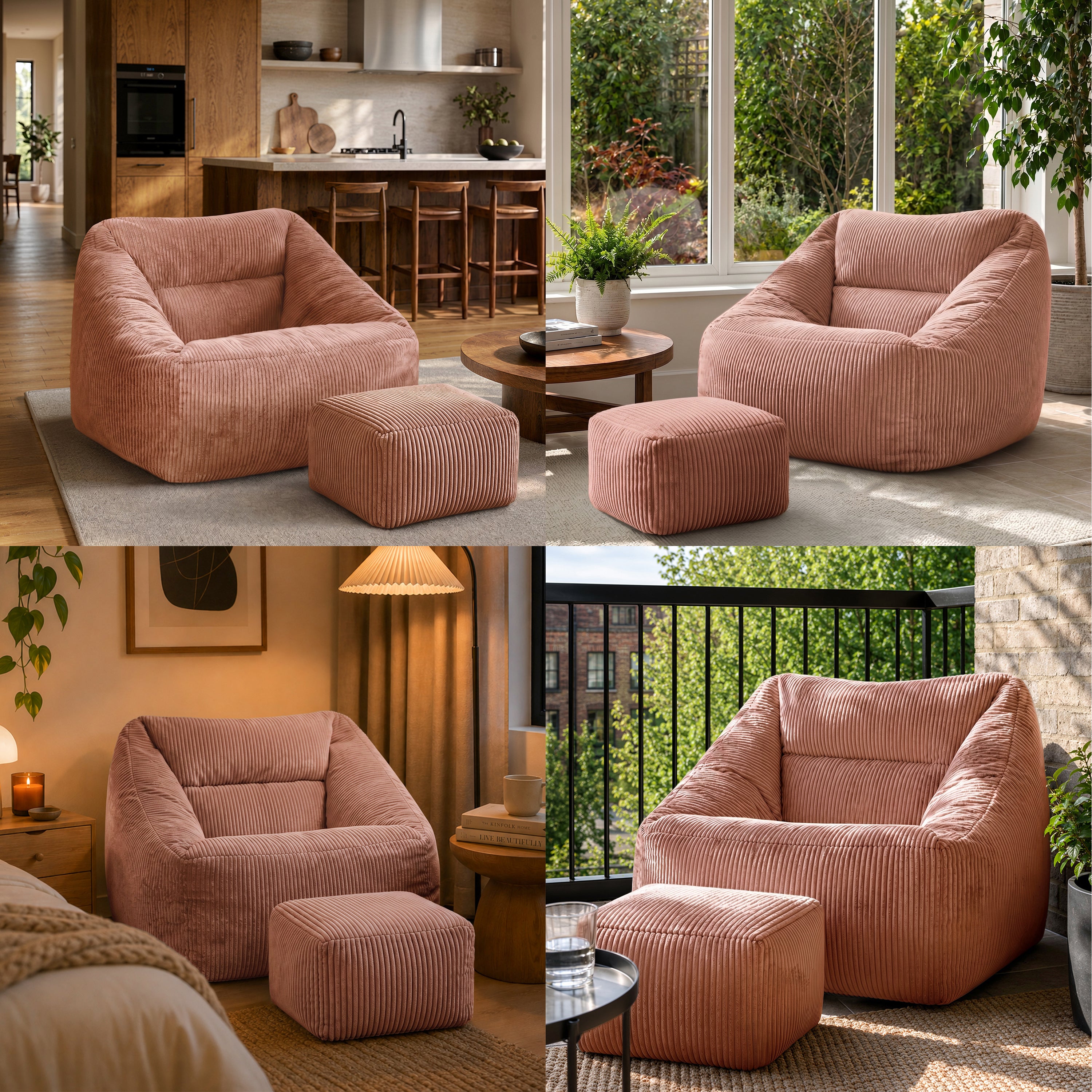 Pouf fauteuil salon avec repose-pied carré Icon velours côtelé rose aube 97x84cm Oeko-Tex® - 10
