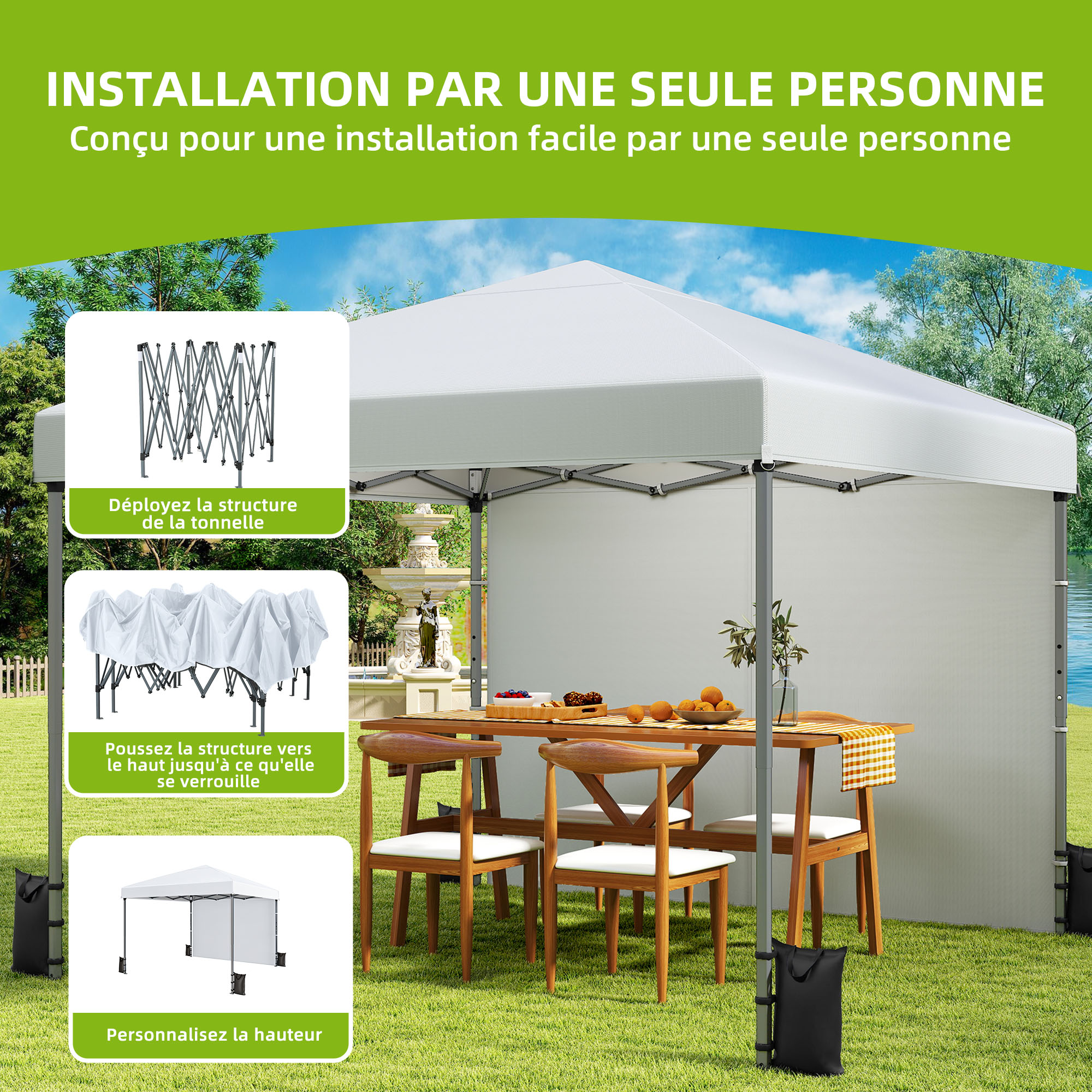 Tonnelle pliante avec dispositif de protection, réglable en hauteur, 3 x 3 m, blanche - 5