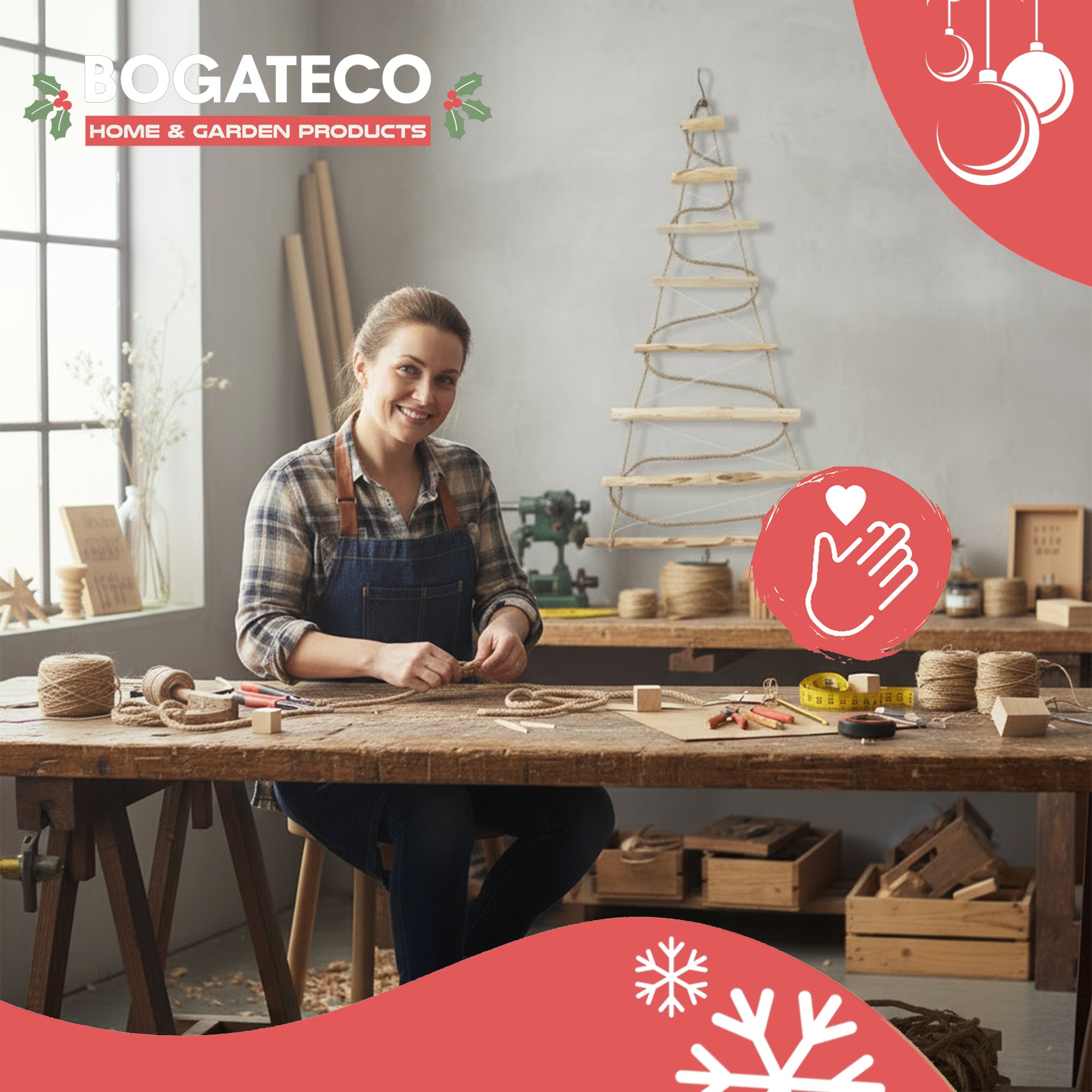 BOGATECO Sapin de Noël fait main de 95 cm de haut avec décorations | lumières LED | Panneaux en bois reliés par une corde de jute - 6