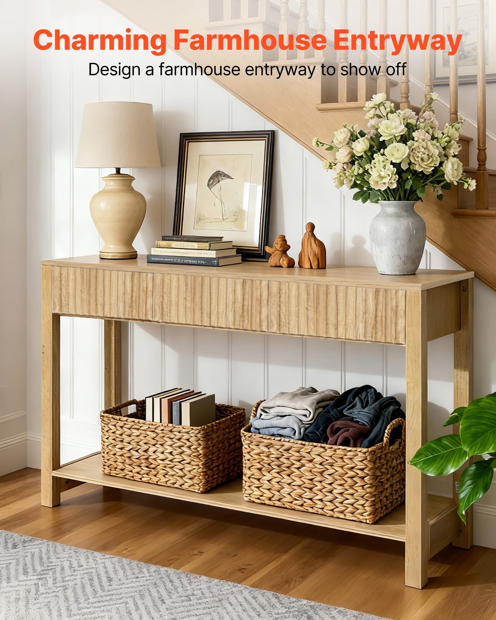 Console 47 po, bureau de style campagnard à placer derrière le canapé, avec tiroirs et