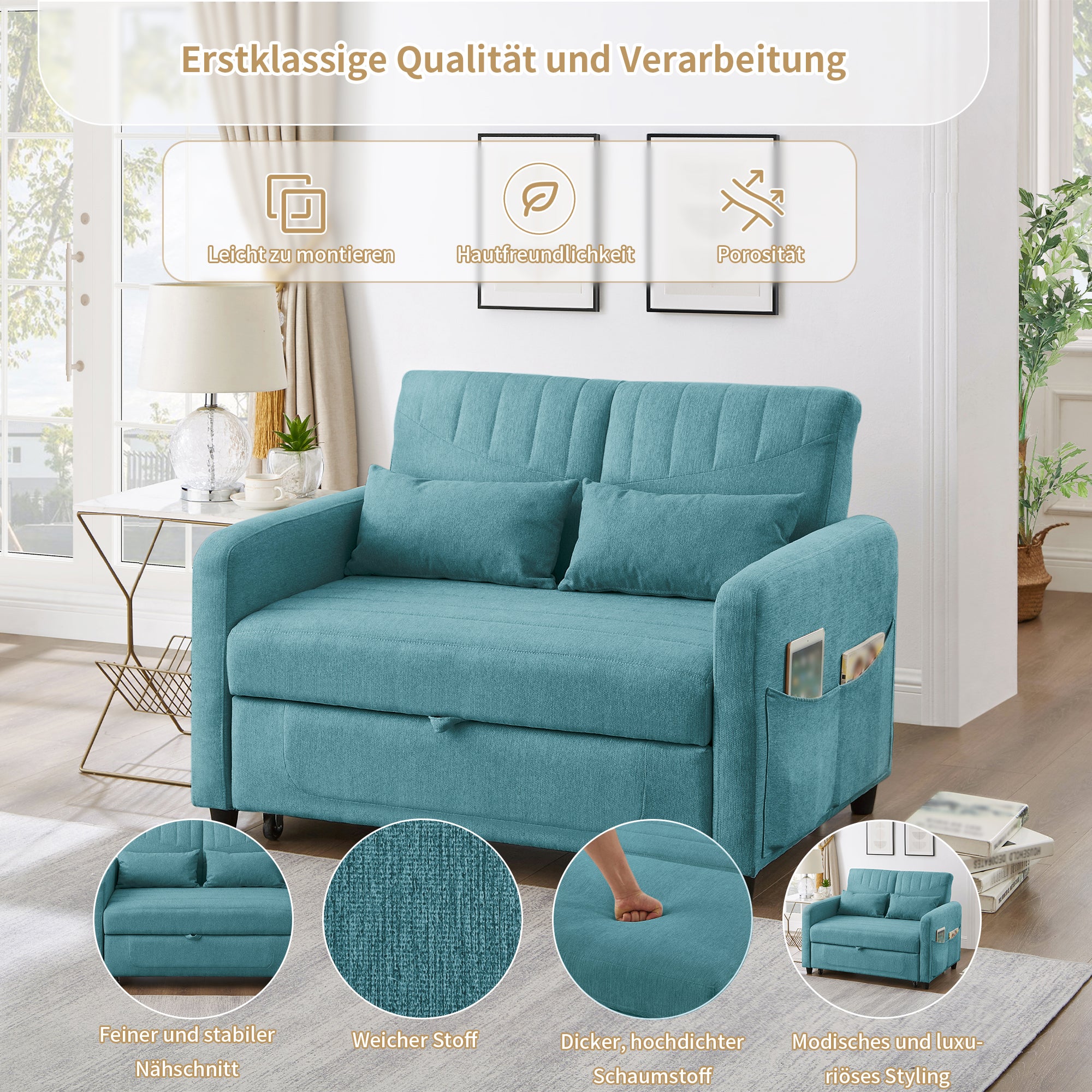 Sofa 2-osobowa rozkładana z 3-stopniową regulacją oparcia - 114 x 77 x 82,5 cm - Tkanina bawełniano-lniana - Niebieska - 4