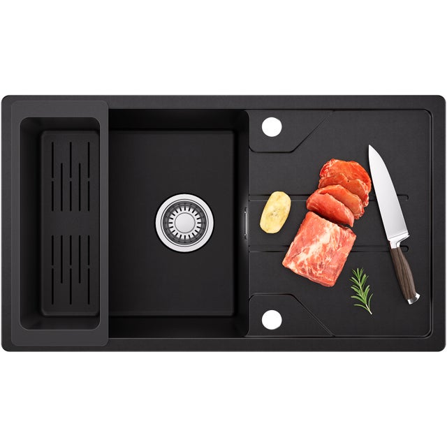 Évier de Cuisine en Granit Noir 78 x 45 cm, Évier 1 Bac, Évier à Encastrer avec Panier de Drainage, étagère, Quartz et Résine