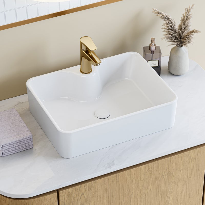 HOROW Umywalka nablatowa prostokątna, 48 x 37 x 13 cm, ceramiczna, biała, z otworem na baterię, odpowiednia do łazienek i małych toalet gościnnych