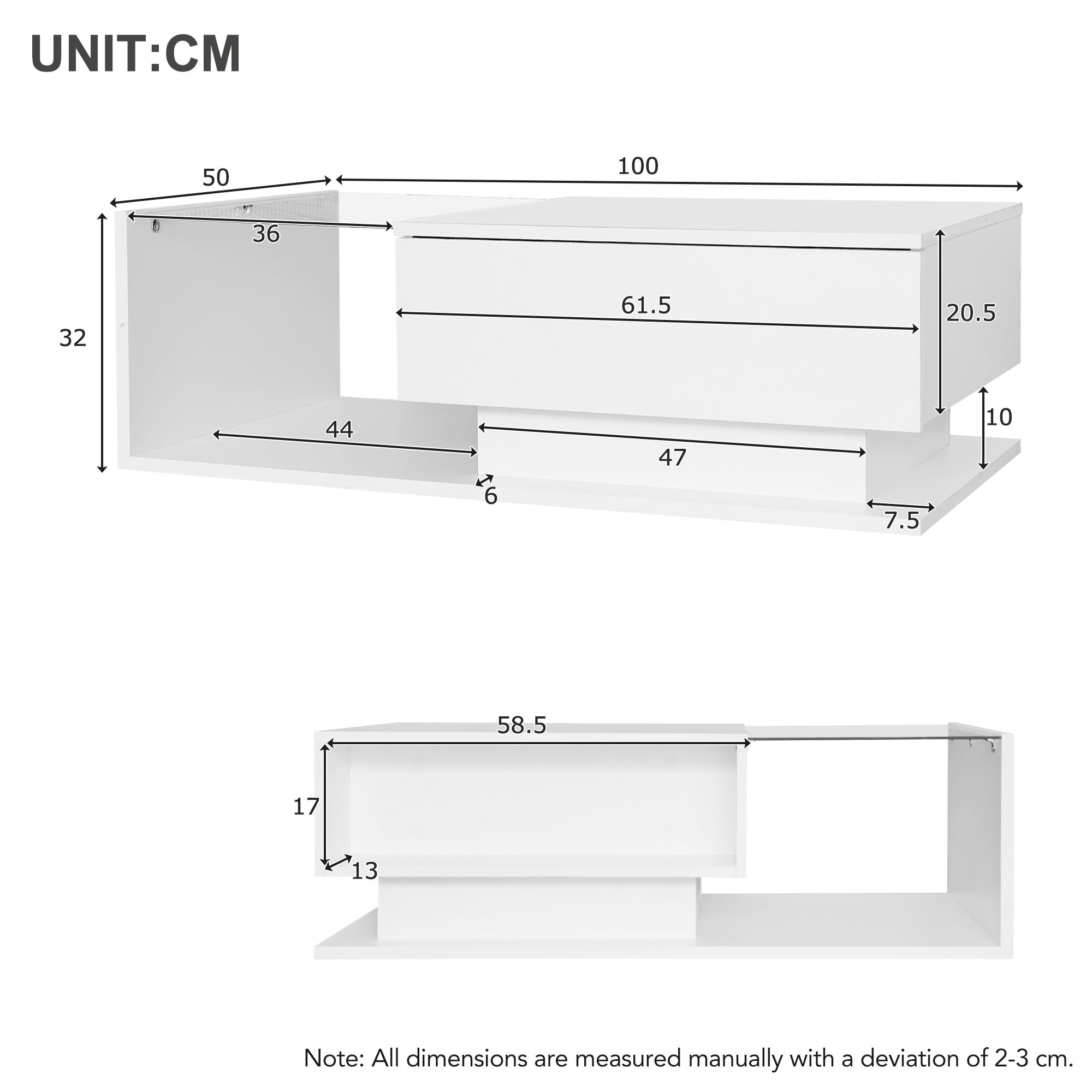 Table basse avec grand tiroir - 100x50x32 cm - LEDs - plateau en verre - Panneaux de particules - Blanc brillant - 4