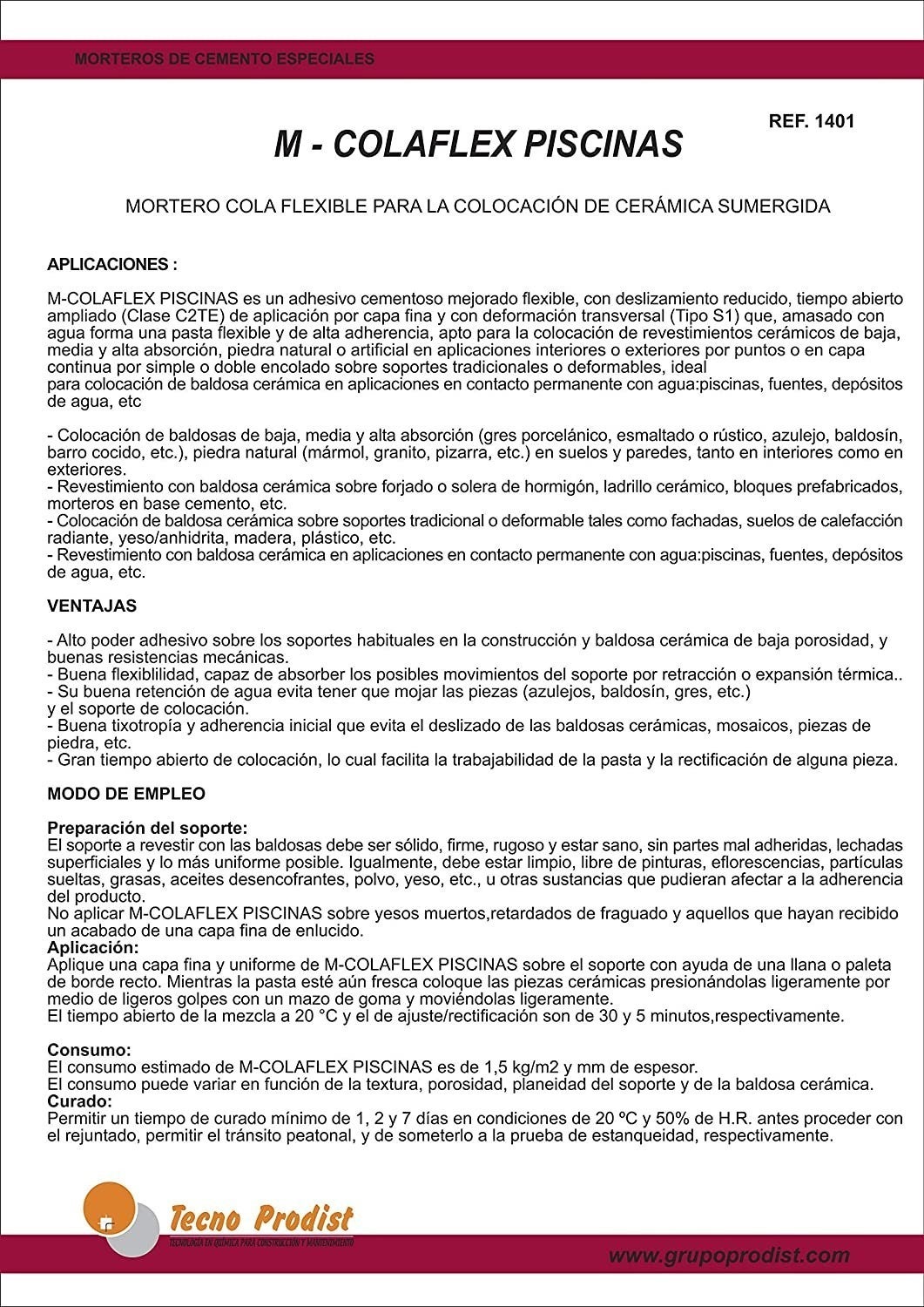 M-COLAFLEX PISCINAS de Tecno Prodist - Mortero adhesivo y flexible para baldosas en contacto permanente con el agua en piscinas - Blanco - 2,5 Kg - 5