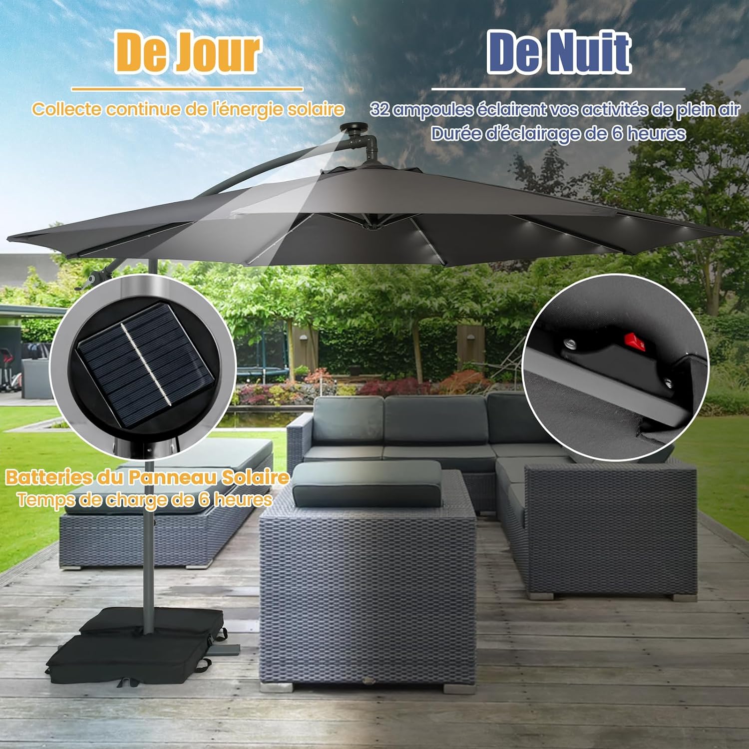 Guarda-chuva offset 3x3m, grande guarda-chuva cinza - 8