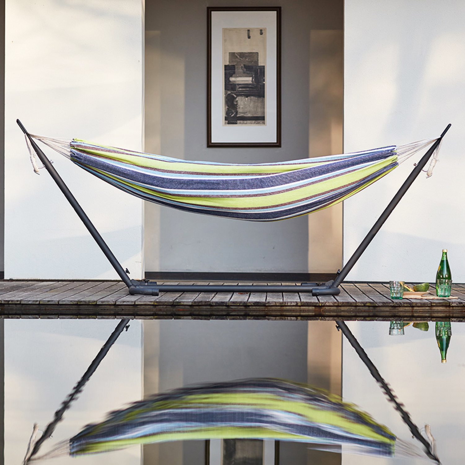 Hamac sur pied 2,6 m avec toile en polyester bleu et vert COPACABANA - 6