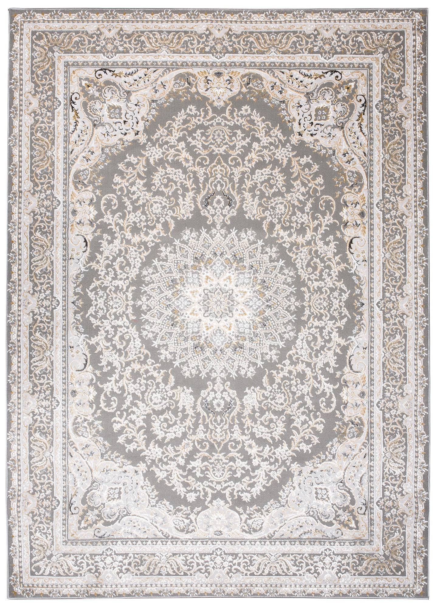TAPISO Hera Tapis Salon Chambre Brillant Gris Crème Beige Vintage Rosace Floral Ornamental Bordé Moucheté Effet 3D OEKO-TEX 80 x 150 cm - 2