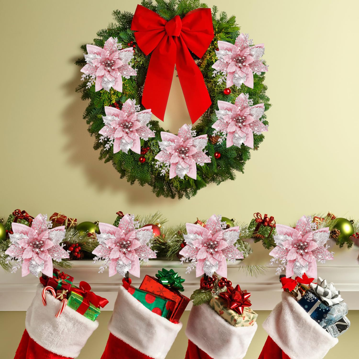 Lot de 10 décorations de Noël, fleurs artificielles scintillantes avec clips, décorations pour sapin de Noël, pendentifs de fleurs artificielles - 2