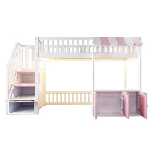 Lit superposé Enfant 90X200 avec armoire et LED, Lit mezzanine avec escalier de rangement et sommier à lattes, Rose(Sans Matelas) - 9