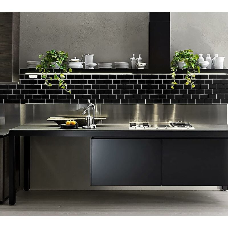 Plus épais Credence Adhesive pour Cuisine Salle de Bain , Faux Carrelage Adhesif Mural Noir Credence Cuisine Adhesive , ImperméAble Dalle PVC Adhesive - 3