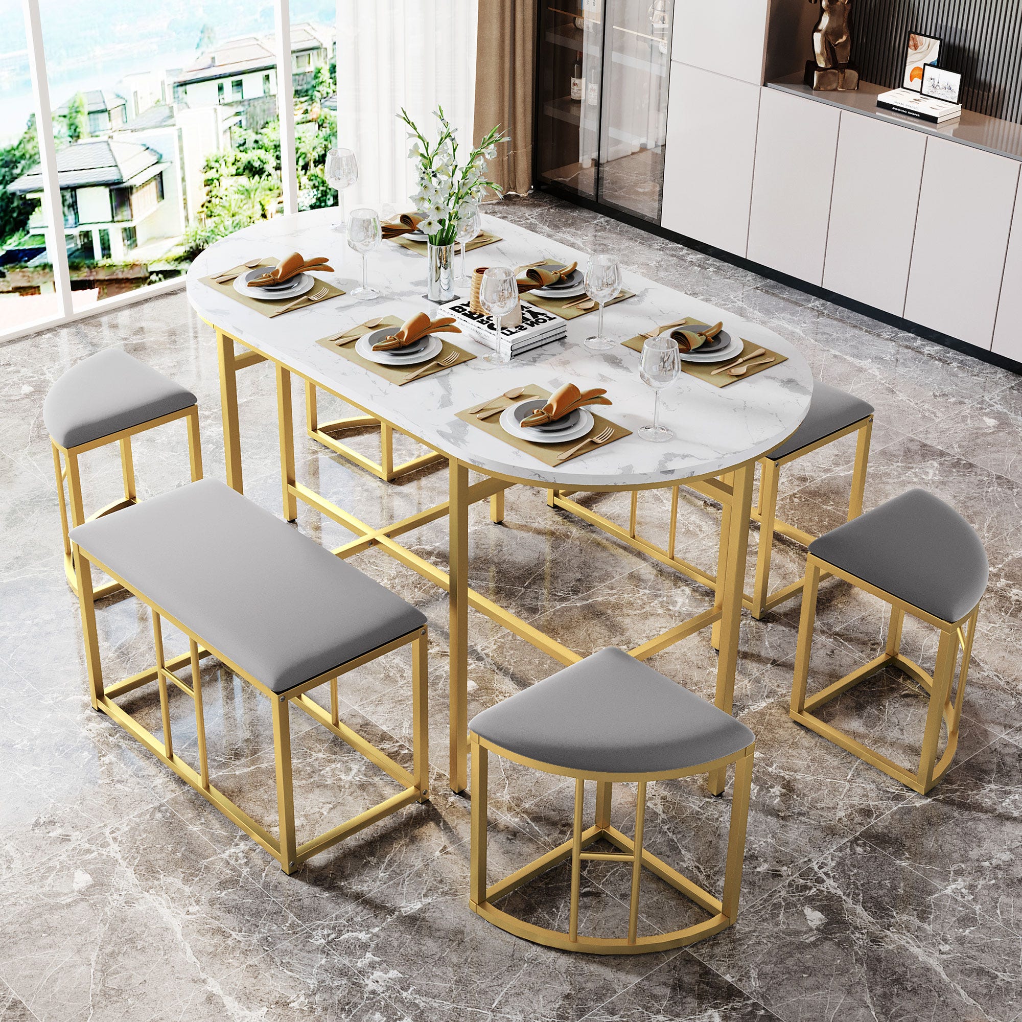 Set tavolo da pranzo con sgabelli e panche 140 x 70 x 75 cm
