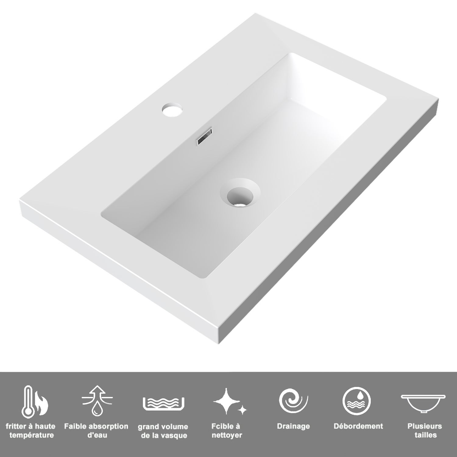 Meuble de Salle de Bain Suspendu Noyer Mat 60cm avec 2 Tiroirs Silencieux, Vasque Résine, Résistant à l'Humidité, Cannelé Design - 3