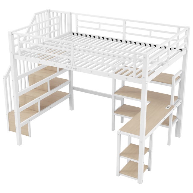 Lit mezzanine en métal 140x200 avec escalier, bureau intégré, compartiments de rangement, station de chargement USB et éclairage LED, blanc