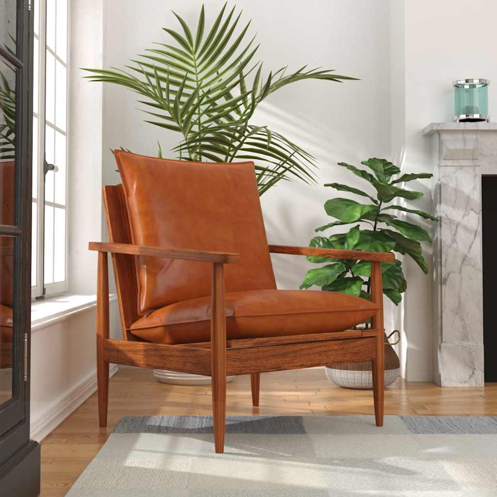 Vidaxl Sillón De Cuero Auténtico Con Madera De Acacia Marrón , Leroy Merlin
