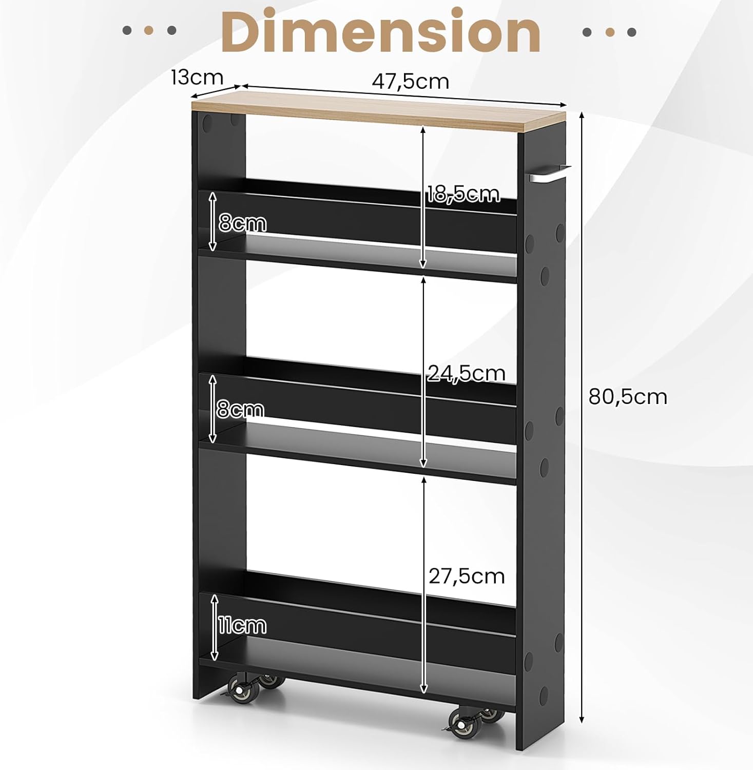 Chariot de Rangement Largeur 13 cm à roulettes, Desserte de Cuisine à 4 Niveaux, Poignée Latérale et Roues Universelles avec Freins (Noir + Naturel) - 2