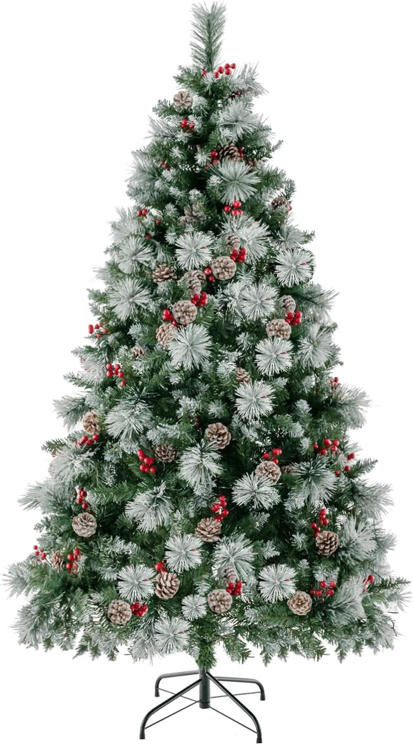 Albero Di Natale Artificiale Bianco 210 Cm Con Neve, Pigne E Bacche Rosse - Ignifugo E Facile Da Montare