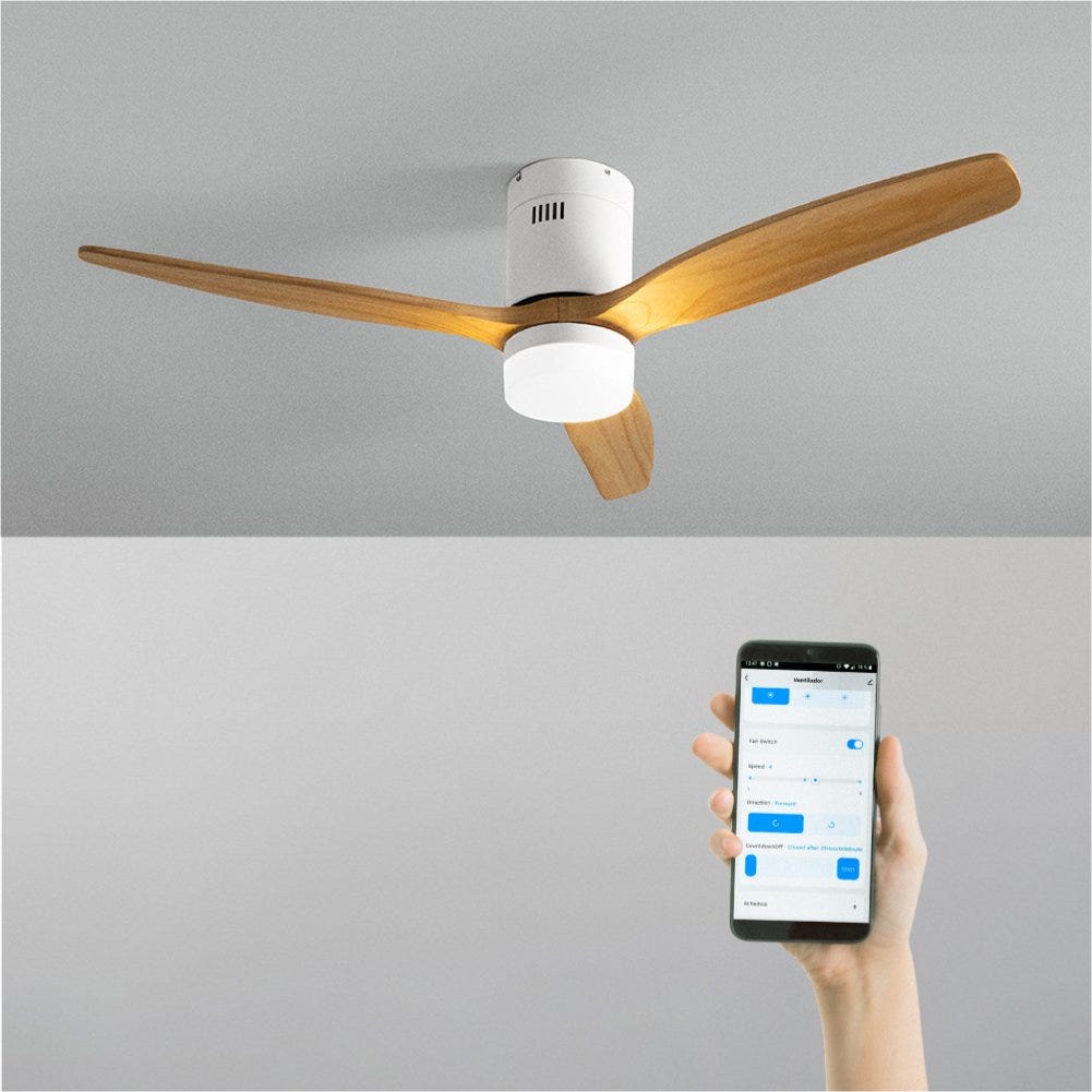 CREATE WINDCALM Natural Wood – Ventilateur Plafond Lumière 132 Cm, Moteur DC 40W, 6 Vitesses, Été/Hiver, Télécommande, Minuterie, Pales Bois Clair/Noir