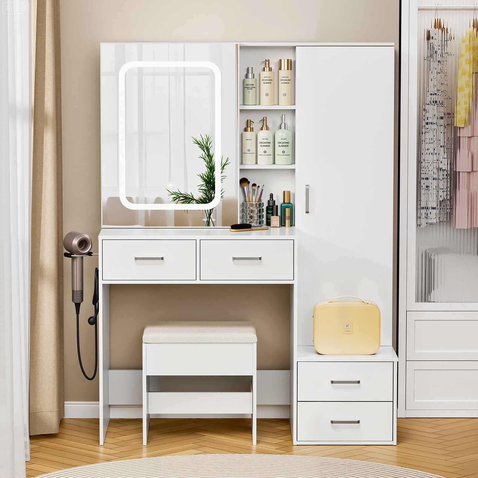 Scrivania da trucco con specchio,mobiletto da trucco con cassetto e ripiani portaoggetti,3modalità di colore disponibili per la camera da letto,bianco - 5
