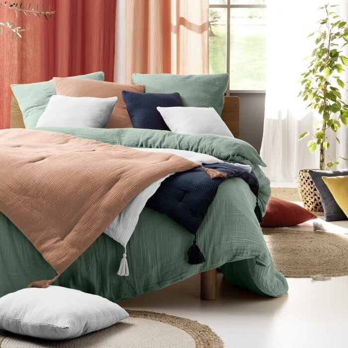 Housse de couette double gaze de coton sauge 220x240cm - 220x240cm - Sauge - 3