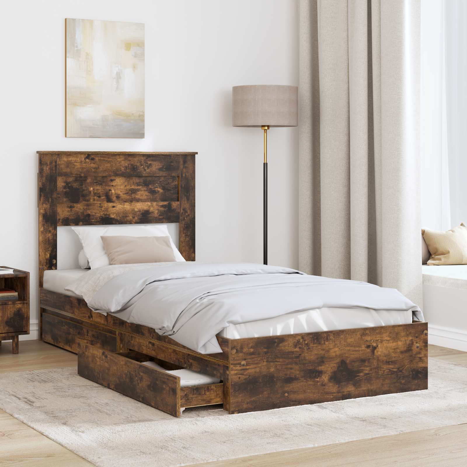 Lit avec rangement, panneau de bois, chêne fumé, pour la chambre, 75 × 190 cm - 3