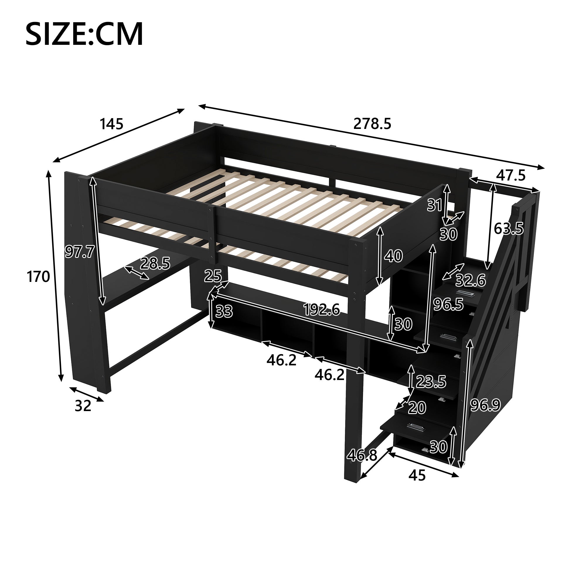 Łóżko piętrowe 140x200cm - z oświetleniem LED - z biurkiem - drabinka - MDF - czarne (materac nie jest wliczony w cenę) - 4
