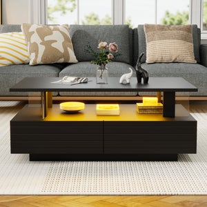 Table Basse LED Design Avec Contrôle Bluetooth - Double Plateau Verre Brillant, Ambiance Lumineuse Personnalisable - Noir