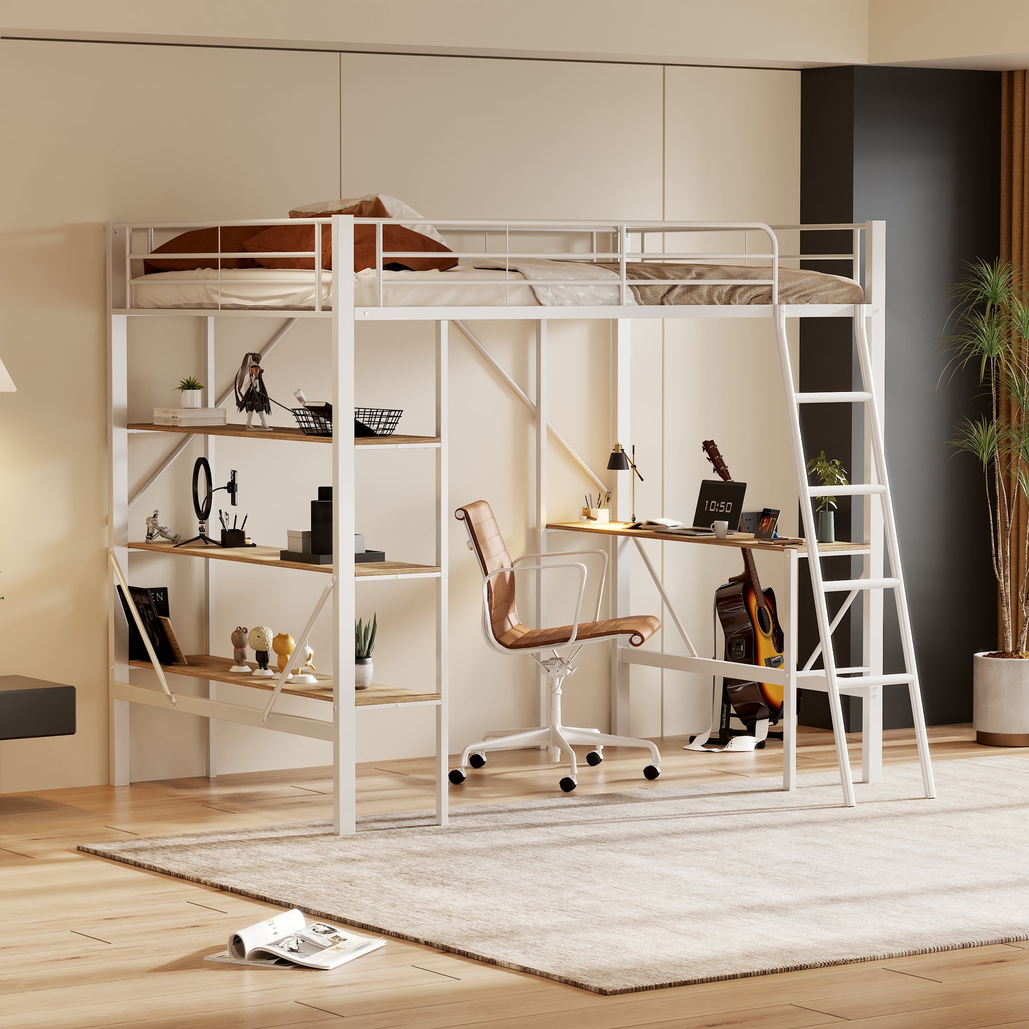 Lit Mezzanine En Fer Avec Bureau Et étagère - 120x200 Cm, Sommier à Lattes, échelle 4 Marches, Couleur Noir Et Foncé