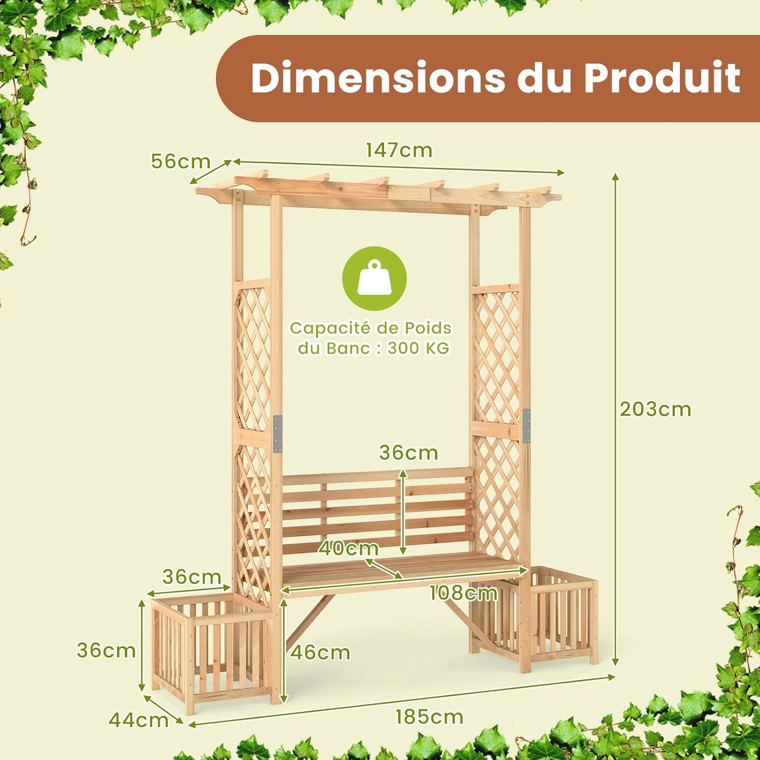 Arche de Jardin avec Jardinière Banc 2 Places à Charge 300 KG, Treillis Latéral pour Plantes Grimpantes Extérieur, pour Terrasse Jardin, Naturel - 3