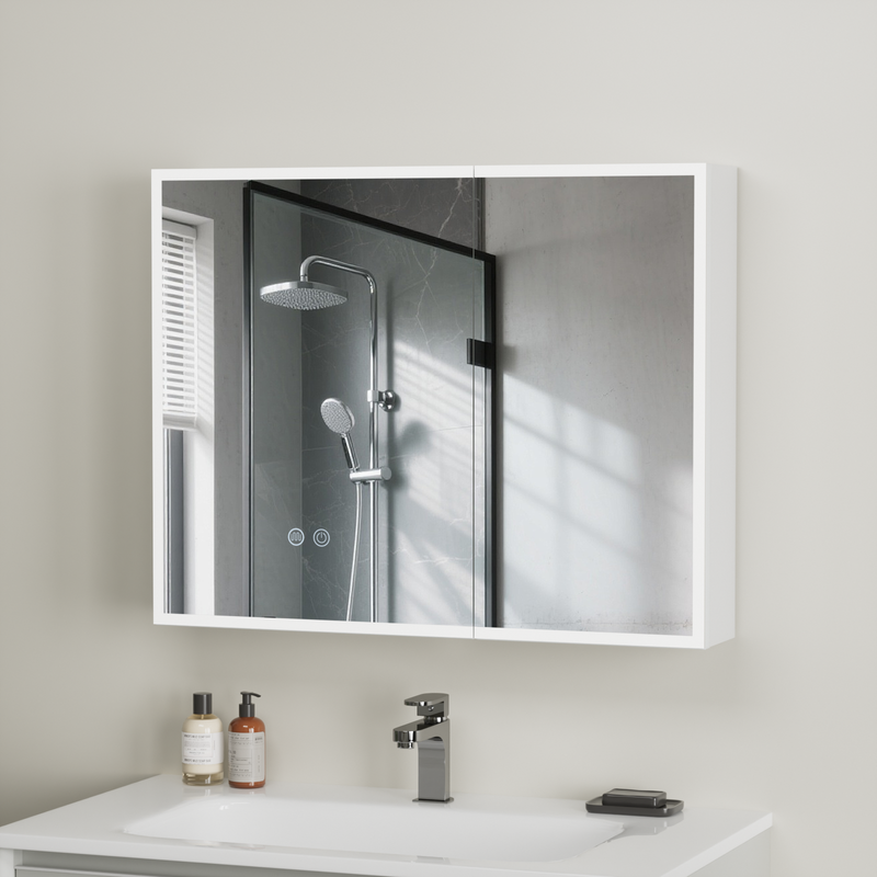 Armario de baño blanco led 75x60 cm abs anticorrosión, espejo inteligente con enchufe interno, antivaho y vidrio templado, totalmente ensamblado
