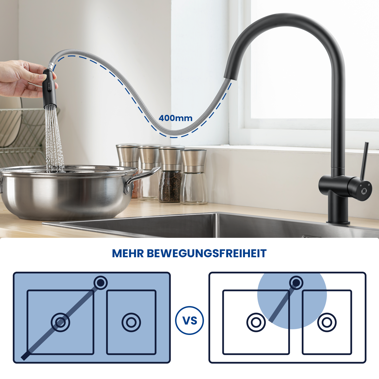 Cecipa max Mitigeur de Cuisine avec Douchette Extractible Robinet de Cuisine avec 2 Types de Jet D'eau Robinet d'évier (Noir),EU Modèle - 2