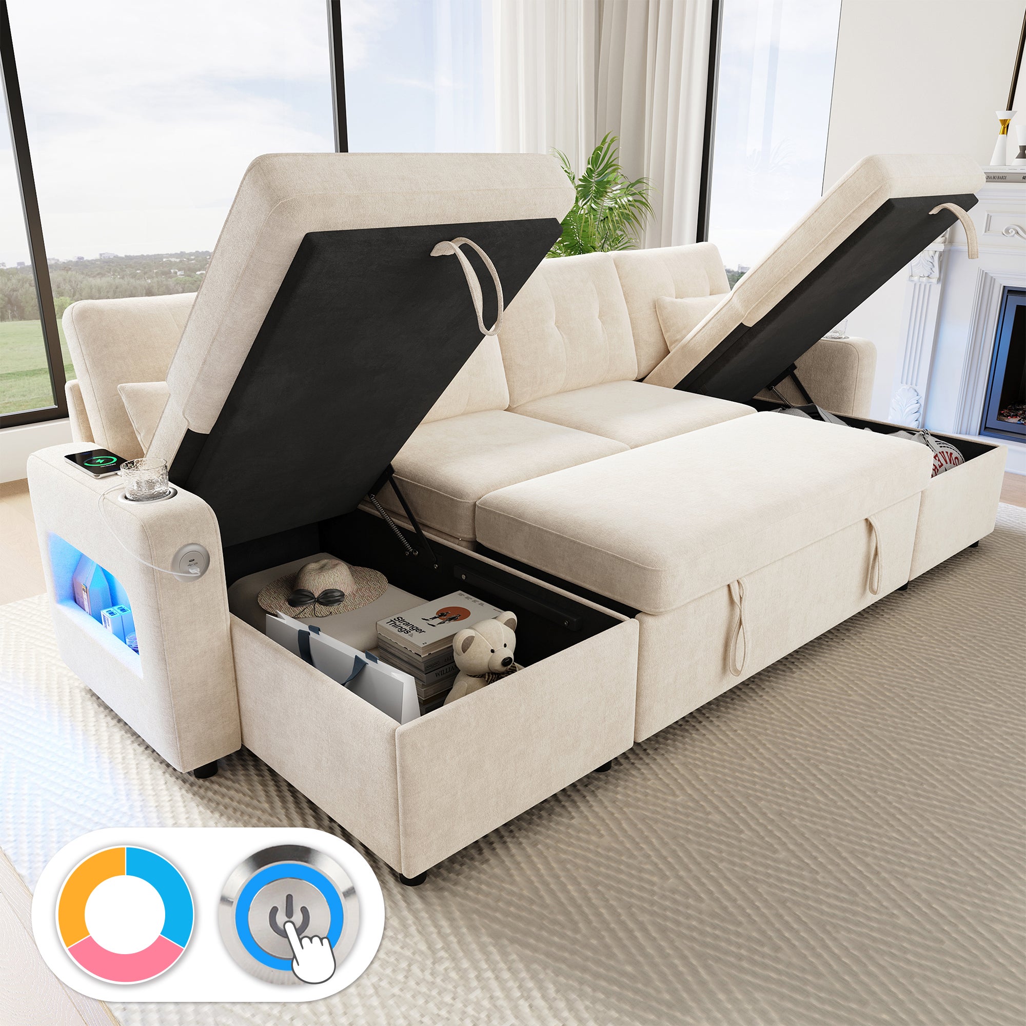 4-osobowa sofa narożna - ze schowkiem - z uchwytem na kubek - z portem USB - z oświetleniem LED - beżowy