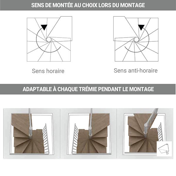 Escalier colimaçon 12 marches - Haut. à franchir 2.46 à 2.88m - Diam. 120cm - Trémie carrée - Struct. blanche / marches Noyer - TEKLA120/SAMNOY-12 - 6