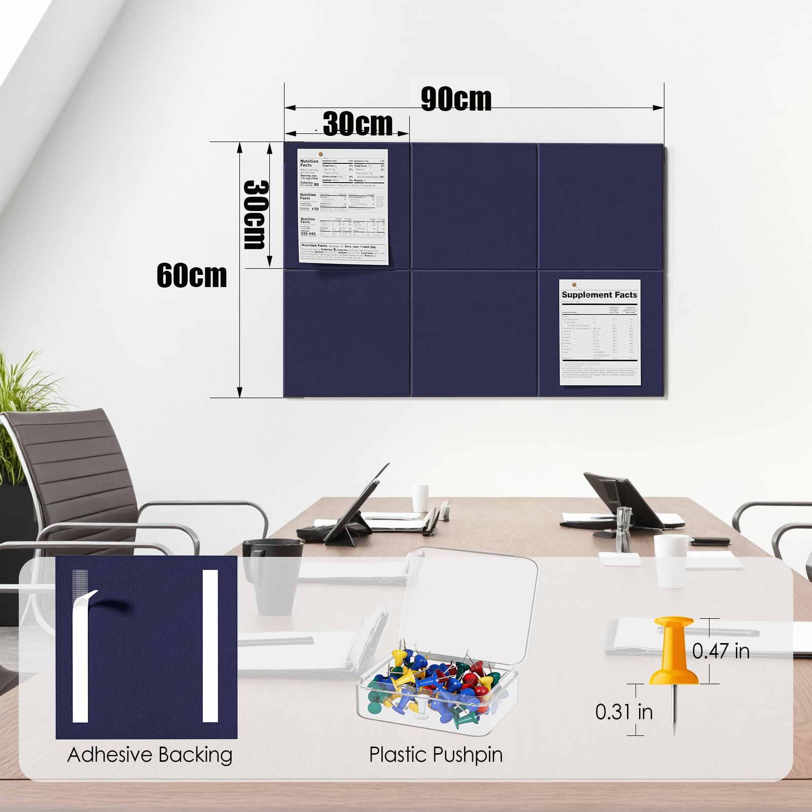 Tableau d'affichage carré de 6 pouces avec 30 punaises, bloc-notes, tableau en feutre autocollant pour l'école, le salon et le bureau (bleu) - 4