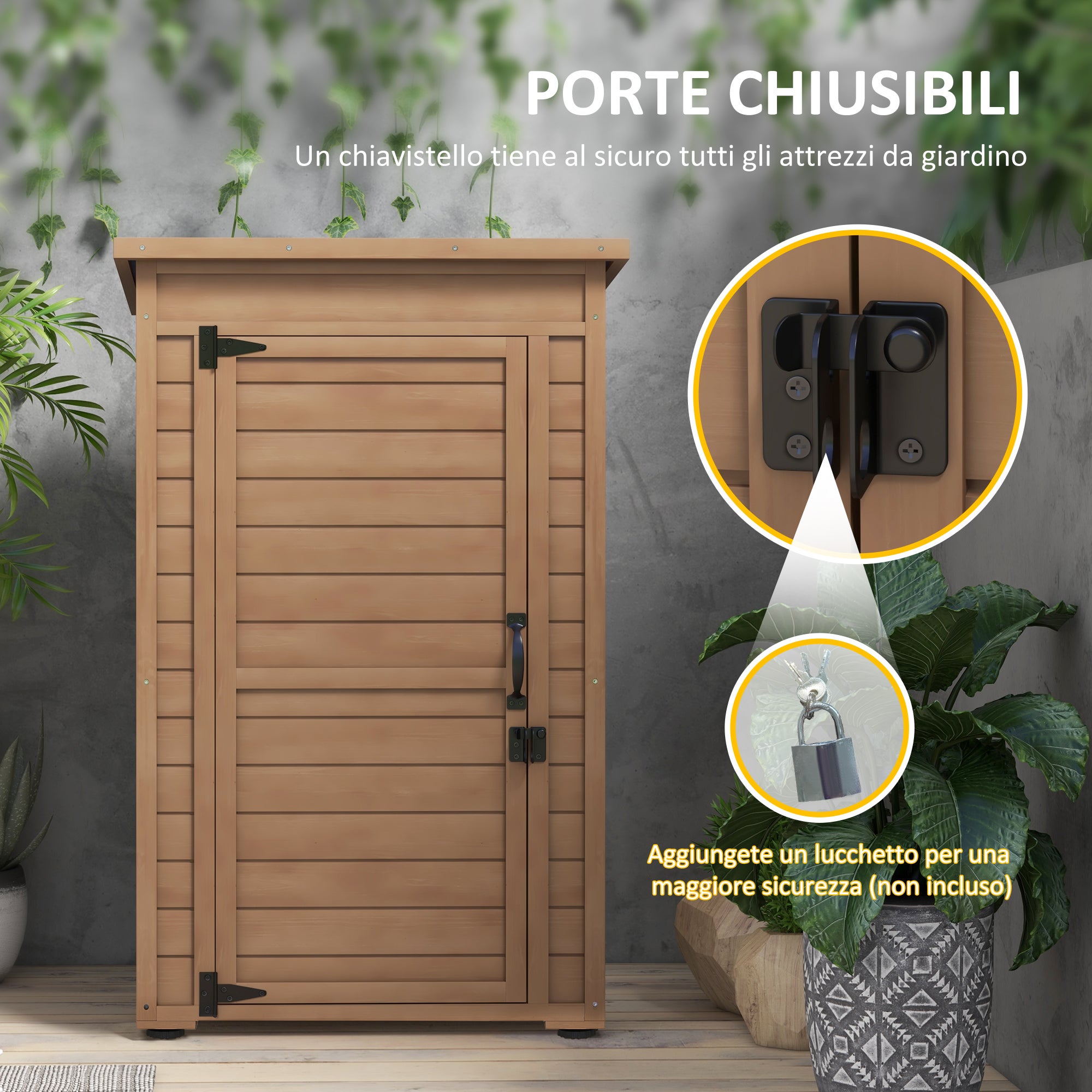 Outsunny Armadio da Giardino in Legno con Ripiano Regolabile e Catenaccio, 75x56x117cm, Marrone - 7