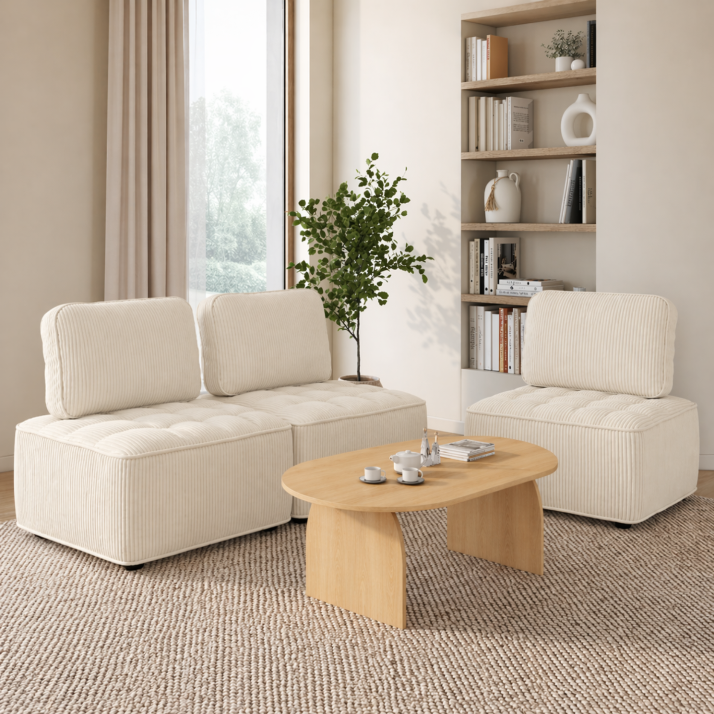 Module de canapé et fauteuil ALFIE en velours côtelé beige - 3