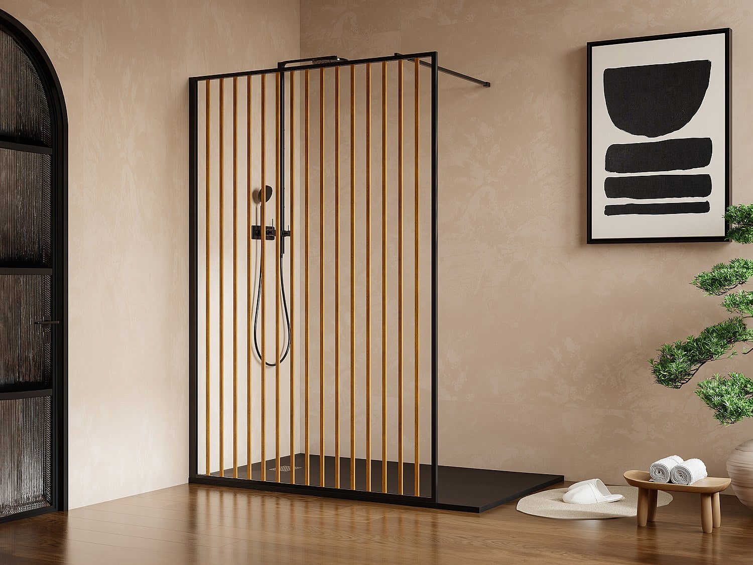 Ścianka prysznicowa do kabiny walk-in z aluminium - Efekt drewna i czarny mat - 120 x 200 cm - TOPEKA