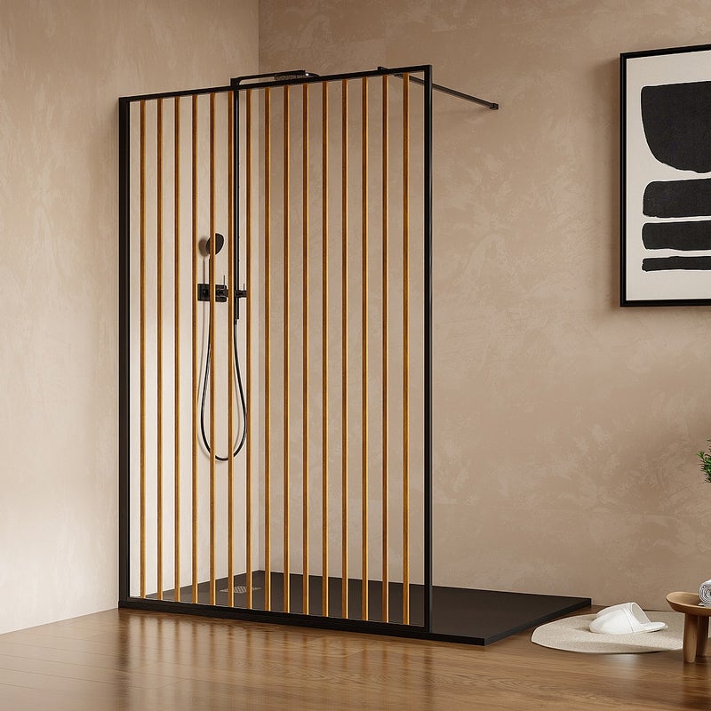 Ścianka prysznicowa do kabiny walk-in z aluminium - Efekt drewna i czarny mat - 120 x 200 cm - TOPEKA