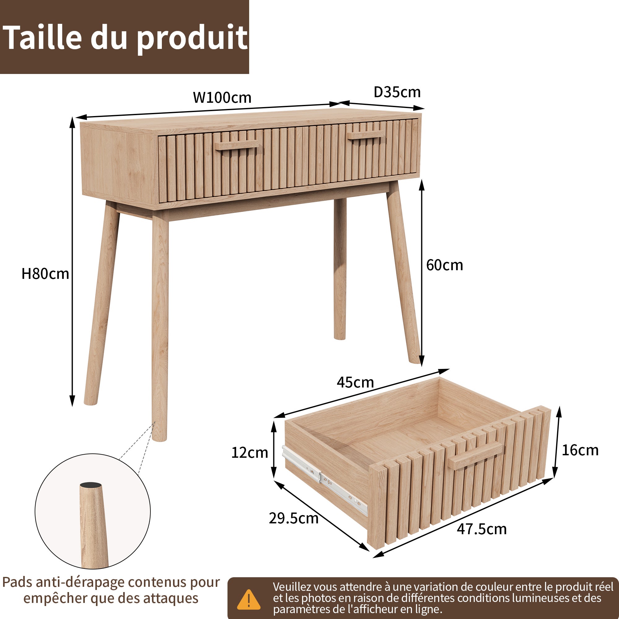 Console en Bois avec 2 Tiroirs pour Salon ou Entrée, Style naturel, Table Console, Table d’Appoint, 100x35x80cm - 2